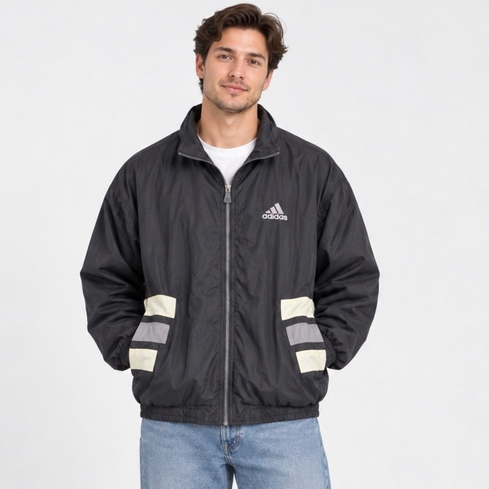 Vintage 90s Adidas Windbreaker Jacket Men XL Black Classic Logo Stripes Full Zip